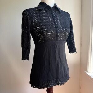 ECI New York Black Lace Babydoll Blouse Whimsigoth Eyelet Button Up Top 6P